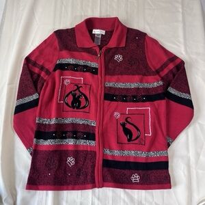 Allison Daley Cat Sweater Jacket Zip Cardigan Medium Red Embroidered Colorblock